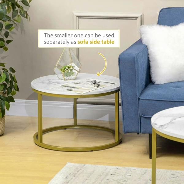 Round white marble-look side table with gold metal frame, smaller nesting top