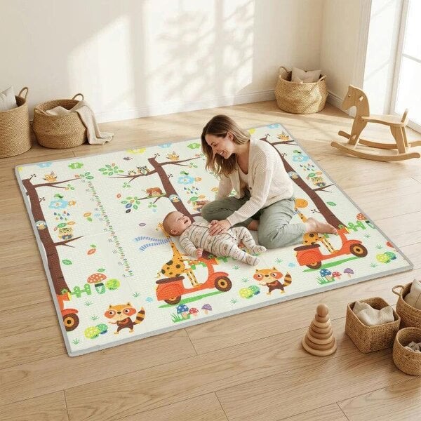 Foldable Reversible Baby Play Mat 200 x 180 cm, Waterproof, Non-Slip for Crawling and Learning, Tree & Forest Theme