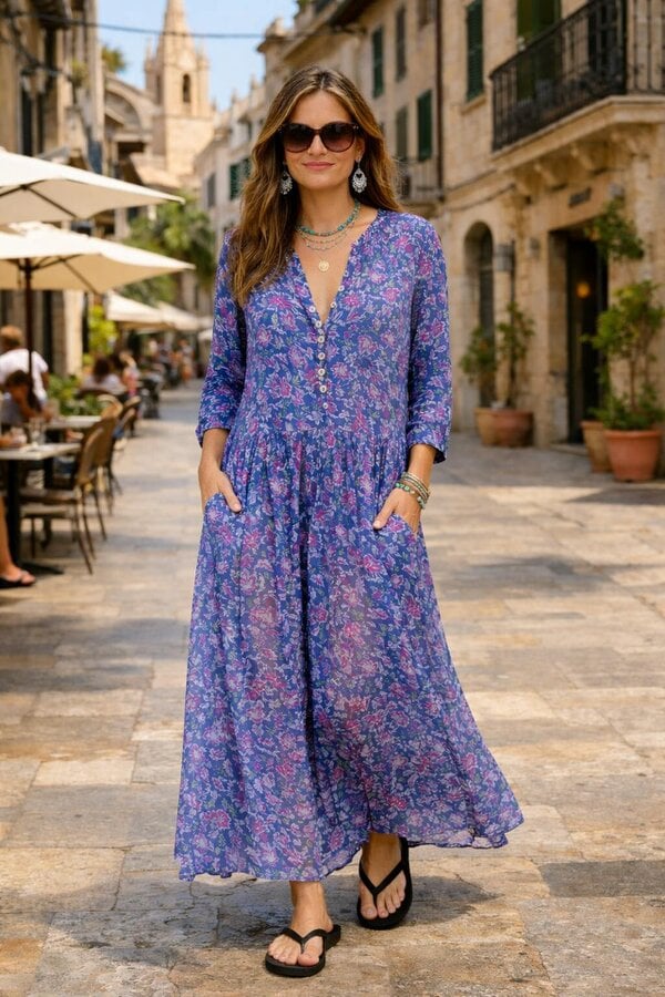 Inky blue cotton / silk mix maxi dress and separate under vest. With side pockets. Beautiful breathable fabric.