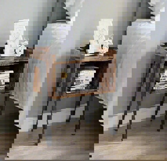 Rustic brown industrial bedside table with two open storage shelves and black metal frame

