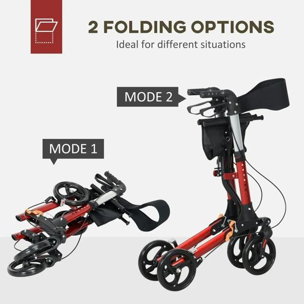 Rollator walker displaying two folding positions with seat and black storage pouch