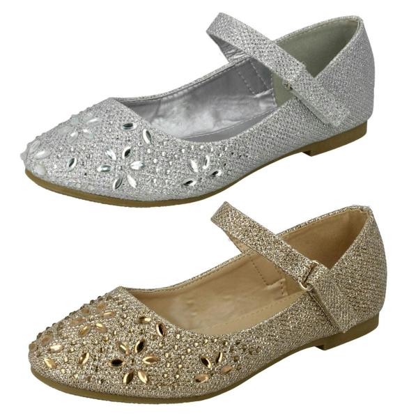 Spot On Girls Spot On Hook & Loop Bar Strap Diamante Ballerinas H2484