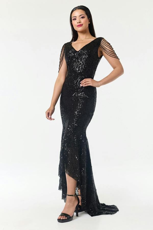 LuvForever Black Jewelled Hi-Lo Sequin Dress