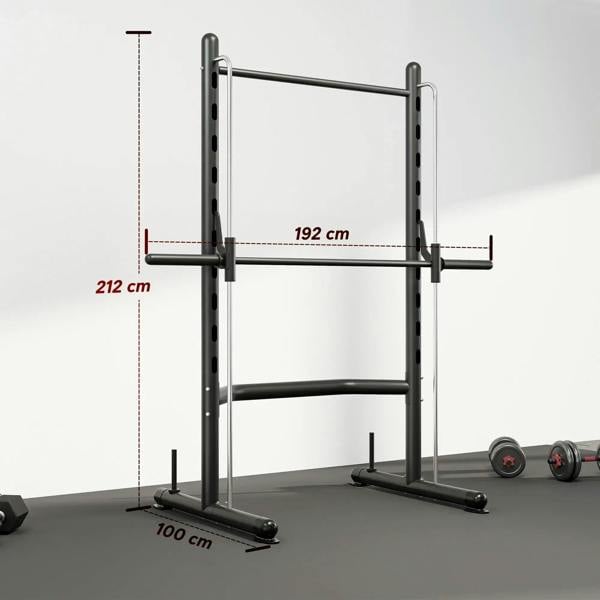 Black adjustable squat rack with pull-up bar and barbell support, shown with dimensions