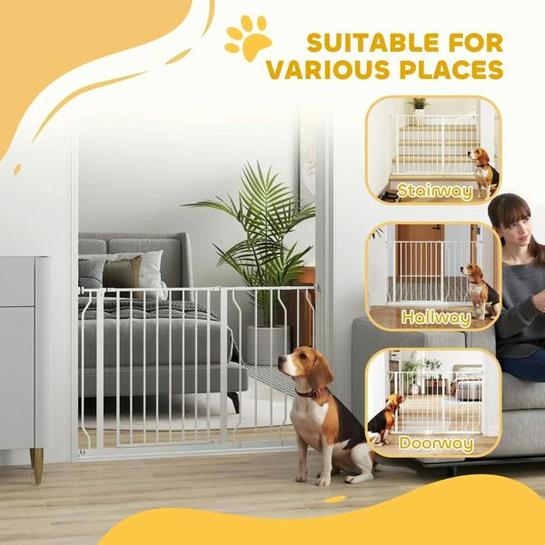 White dog safety gate shown for indoor use with pet in a fenced doorway