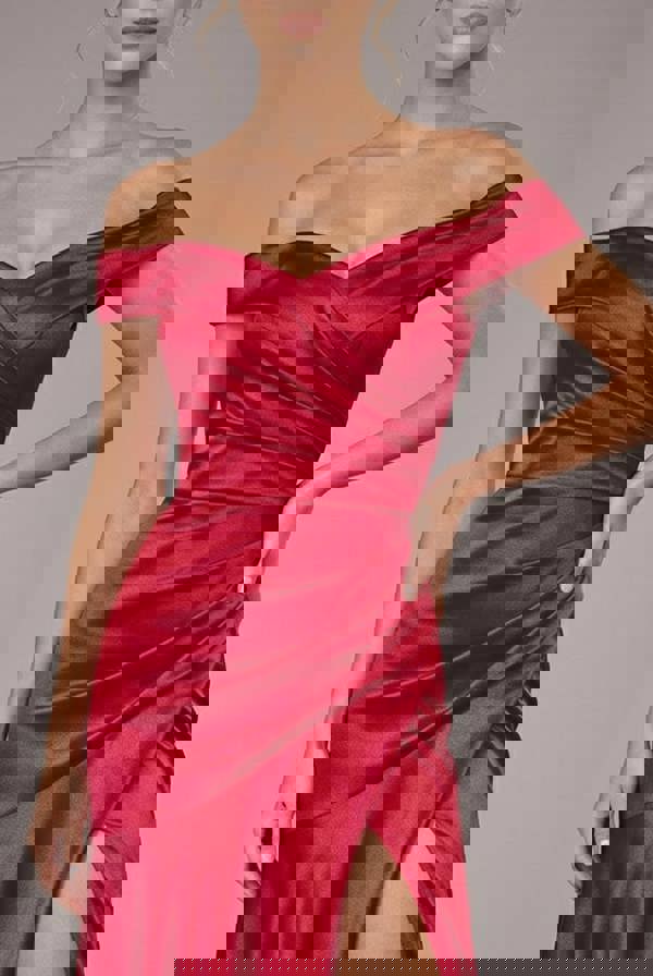 Satin Off Shoulder Pleated Maxi Dress - Berry DR3731