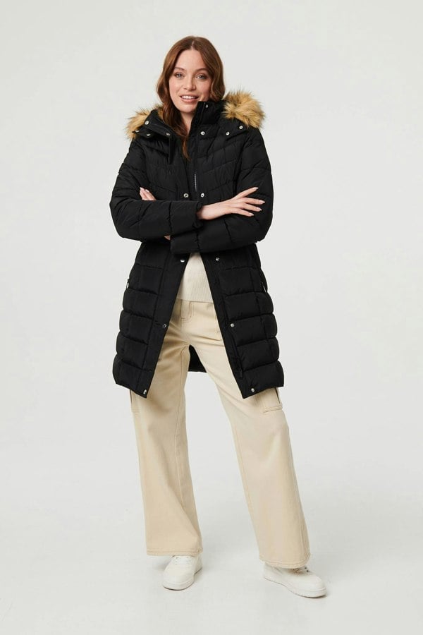 Black | Hooded Faux Fur Trim Longline Jacket
