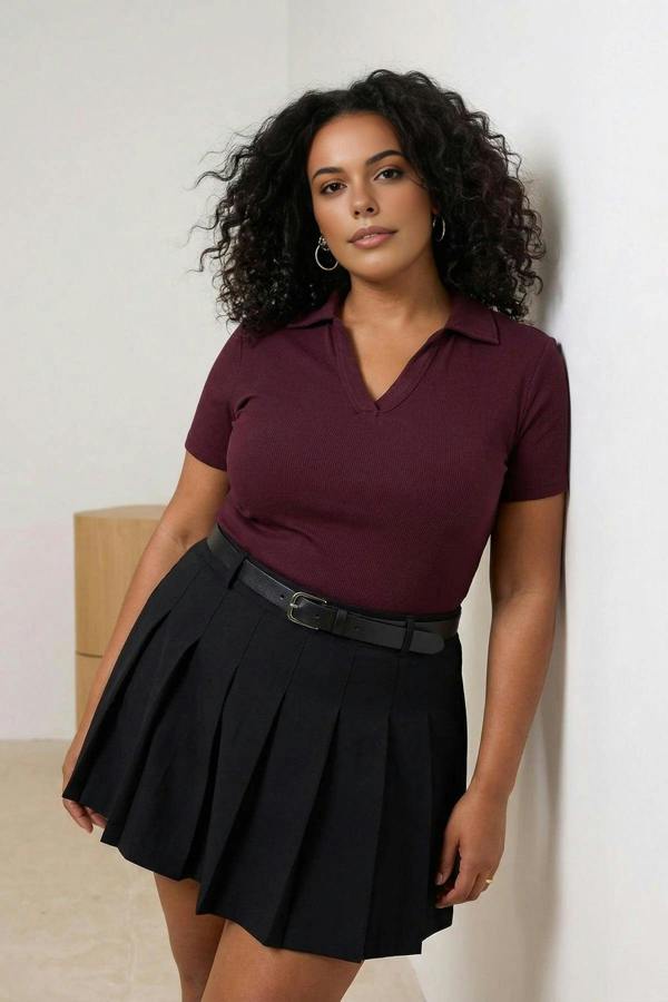 WOVCOR Polo Collar Body-Fitting Ribbed Knit Blouse