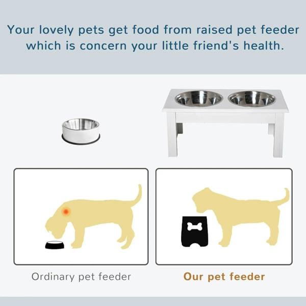 Raised pet feeder stand with two stainless steel bowls shown with comparison diagram