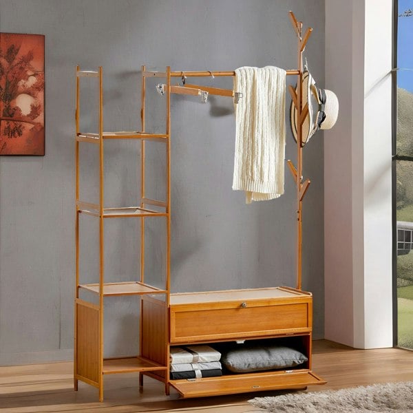 Rafaelo Mobilia Bamboo Coat Stand With Hooks, Shelves & Cabinets