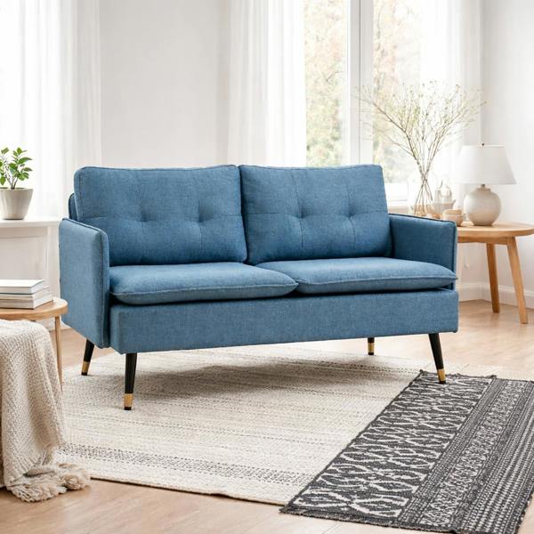 Wyld Haus Mado Fabric Dark Blue Button Tufted 2 Seater Sofa With Cushions And Steel Legs