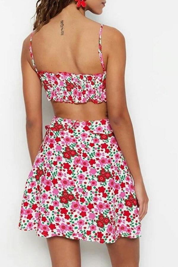 WOVCOR Floral Pattern Woven Cut-out Mini Beach Dress