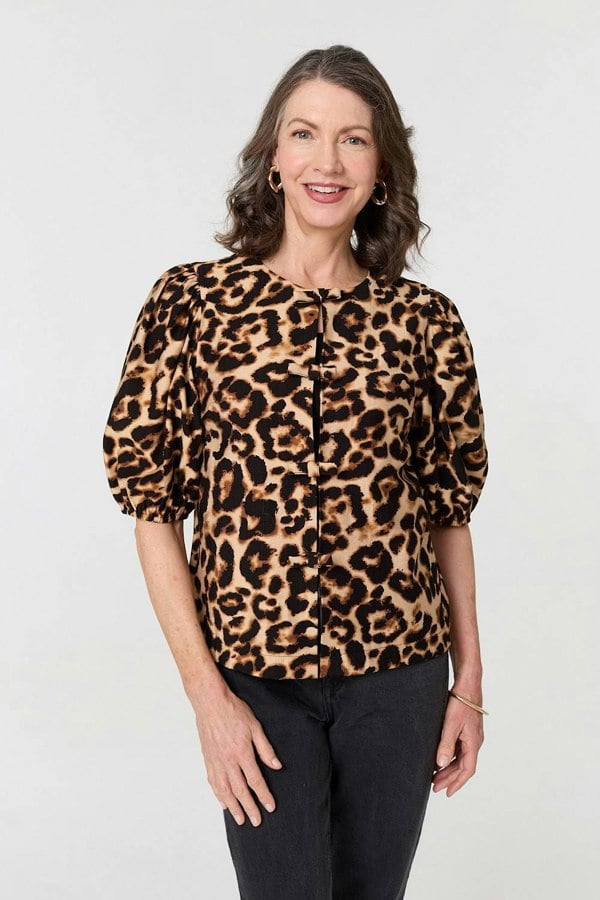 Beige | Animal Print Bow Front Puff Sleeve Shirt : Model is 5'8"/172 cm and wears UK10/EU38/US6/AUS10
