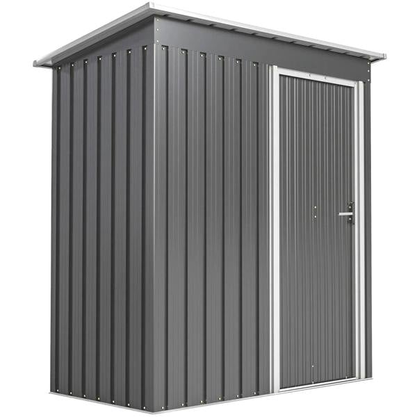 Light grey garden storage shed with sliding door and sloped roof, metal panel walls