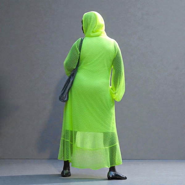 Plus Size Women's Aphrodite Neon Lime Holiday Resort Dress with hoodie and matching neon lime undergarment, styled with a silver  handbag and silver flats.