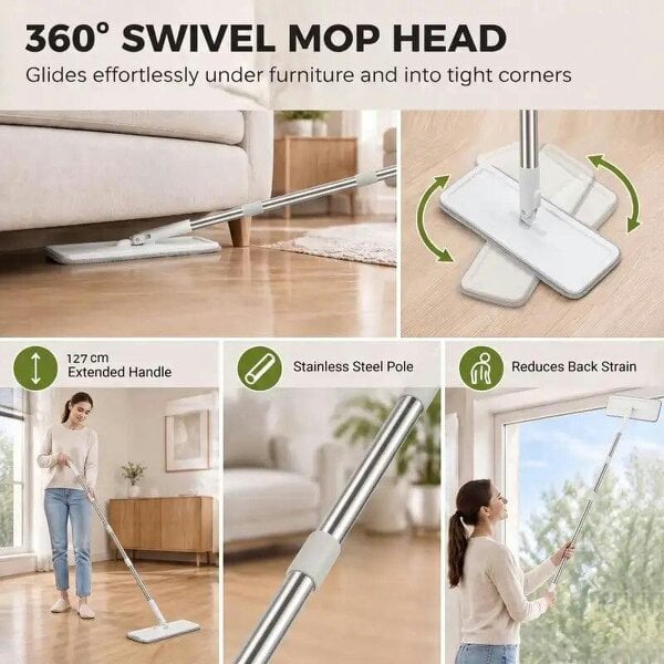 Bobobiy Mop and Bucket Set, Compact Flat Mop System with Wringer, 2-Chamber Design, 5 Reusable Pads, 127cm Handle, White