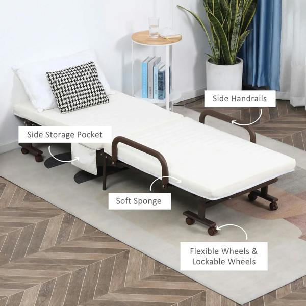 Single folding bed with white mattress, brown side rails, and visible storage pocket