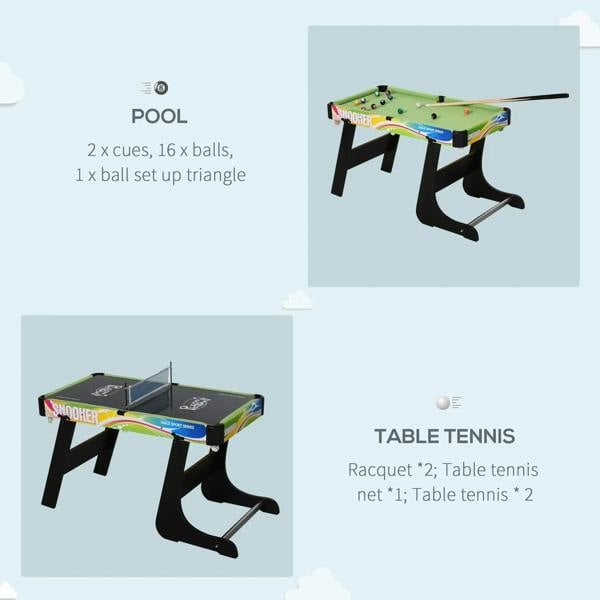 Multi-game folding table with green-and-multi-color playfield and black legs