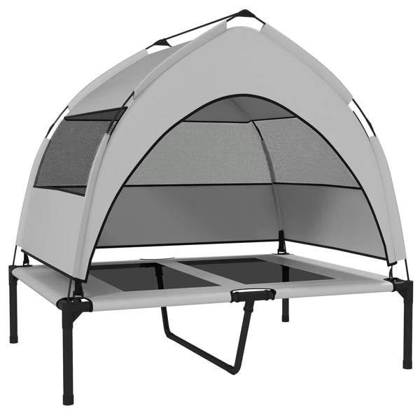 Light grey elevated dog bed with arched mesh canopy and raised frame