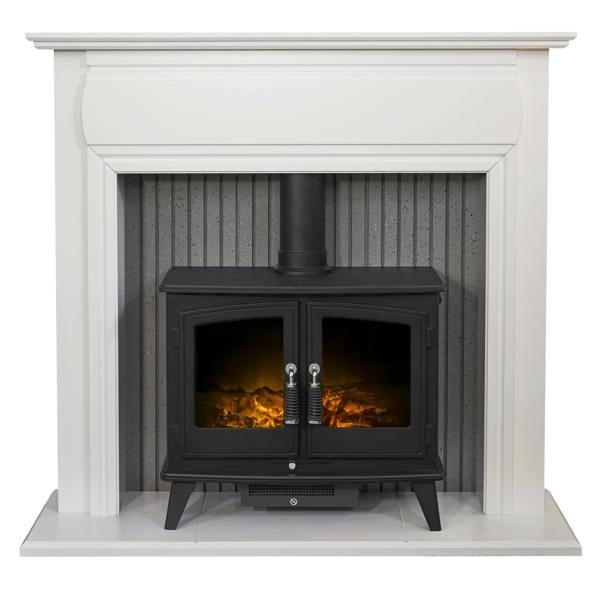 Adam Florence Stove Fireplace in Pure White with Woodhouse Electric Stove in Black, 48 Inch
