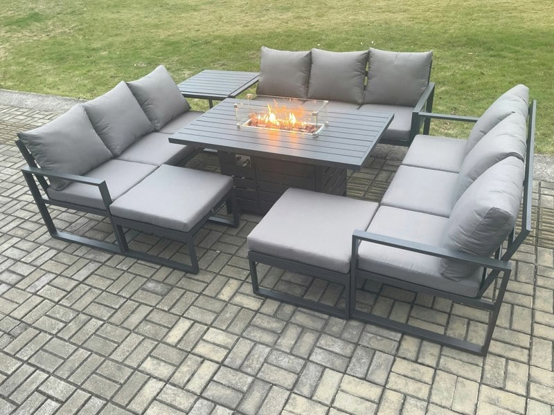 Fimous Aluminium 11 Seater Garden Furniture Outdoor Set Patio Lounge Sofa Gas Fire Pit Dining Table Set with 2 Big Footstools Side Table Dark Grey