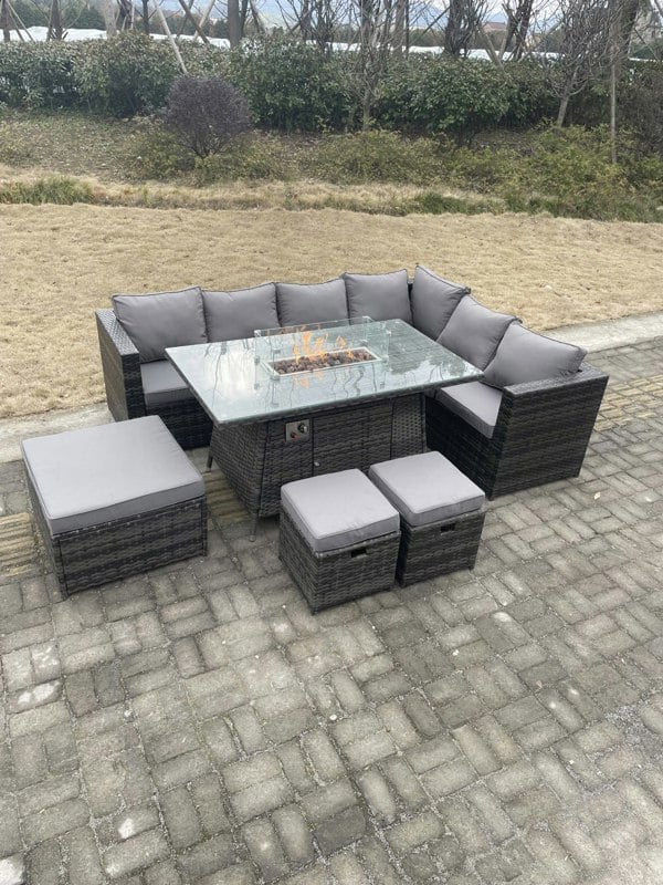 Fimous Rattan Corner Sofa Set Gas Firepit Dining Table Set Patio Heater Burner With Big Footstool Dark Grey Mixed 9 Seater