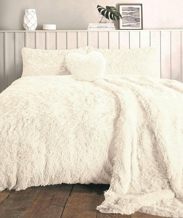 Night Zone Alaska Cuddles Long Fur Teddy Fleece Duvet Cover Set – Warm Bedding with Pillowcases - Cream