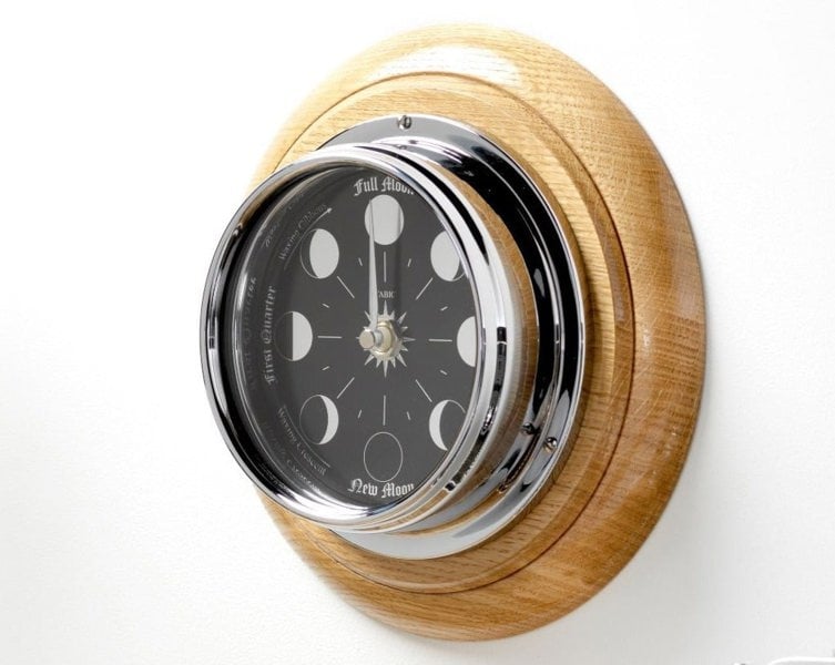 Handmade Prestige Moon Phase Clock in Chrome on an English Light Oak Wall Mount - TABIC CLOCKS