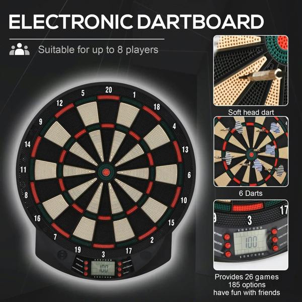 Electronic dartboard with LED score display and soft-tip dart set, black with red rings