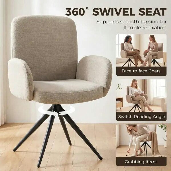 Swivel Accent Chair, Upholstered Linen-Look Armchair with Curved Backrest, Wrapped Armrests for Living Room, Light Brown