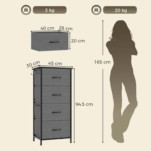 Chest of Drawers, Dresser with 4 Fabric Drawers, 4 Pockets, 2 Hooks and Steel Frame, Storage Unit, Grey