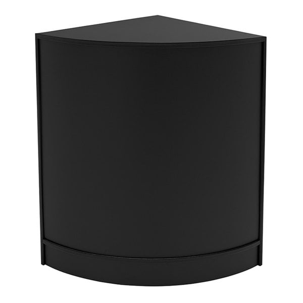Black corner shop counter with a sleek, modern design, featuring a smooth finish and rounded edges, ideal for retail spaces