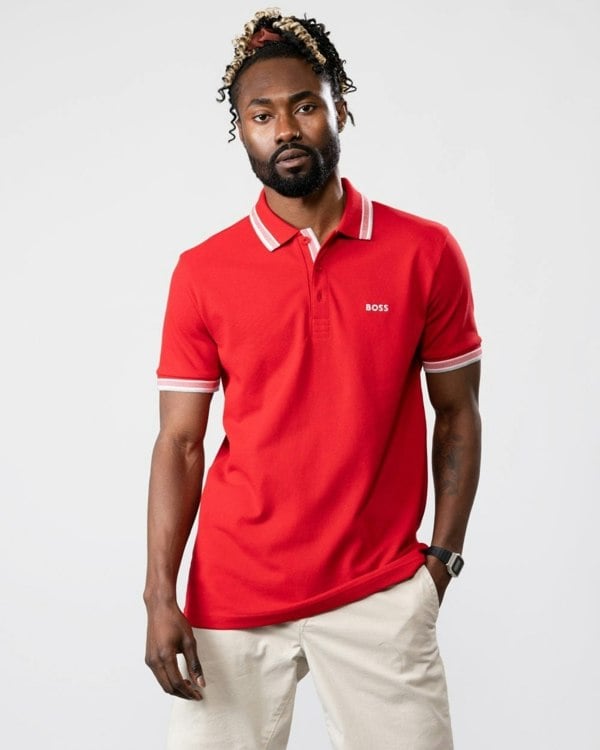 BOSS Green Paddy Mens Cotton-Piqué Polo Shirt with Contrast Logo - Medium Red 610