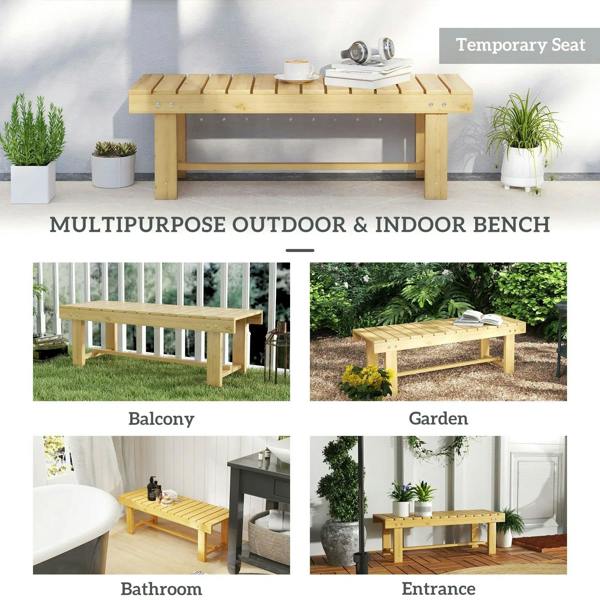 Natural fir wooden multipurpose bench with slatted seat and sturdy underframe supports