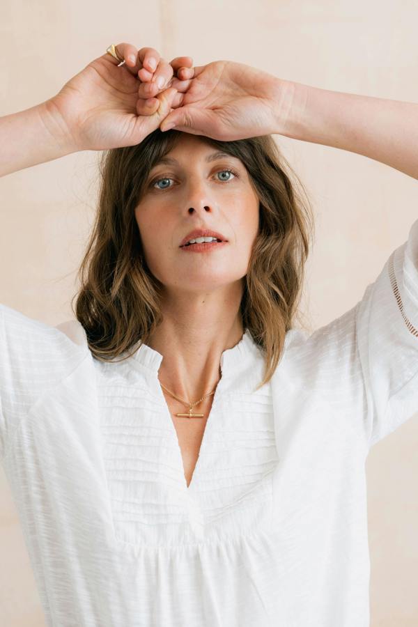 Lily & Me Marie Embroidered Cotton Pintuck Blouse White