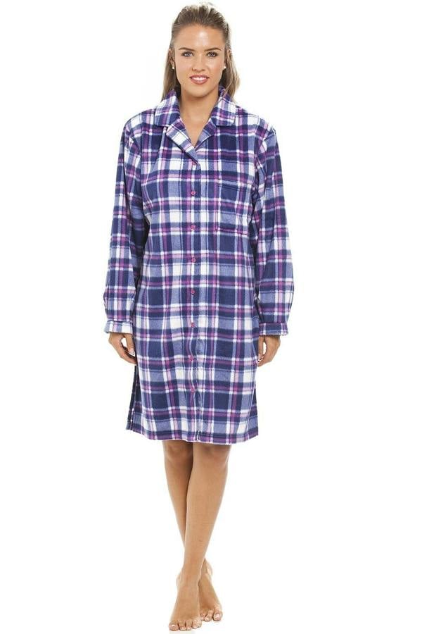 Purple & Navy Checkered Fleece Button Front Nightshirt