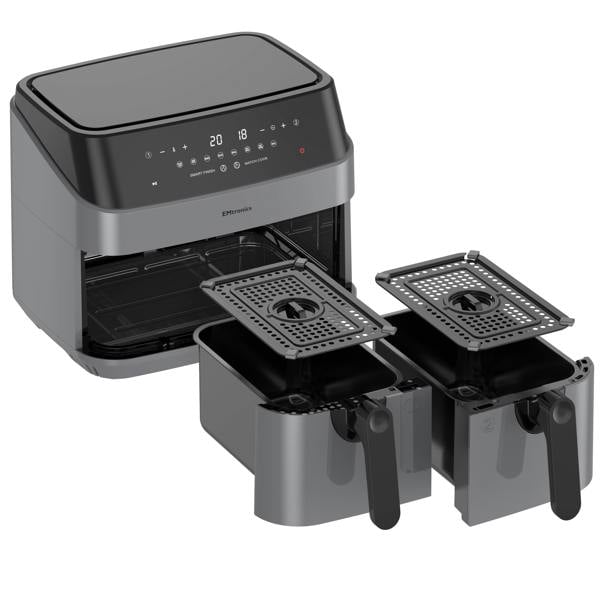 EMtronics Double Basket Air Fryer 9 Litre with 99 Minute Timer - Grey