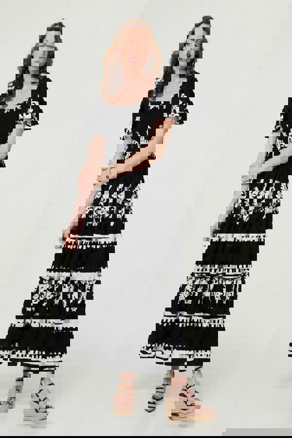 Black | Ikat Print Short Angel Sleeve Maxi Dress
