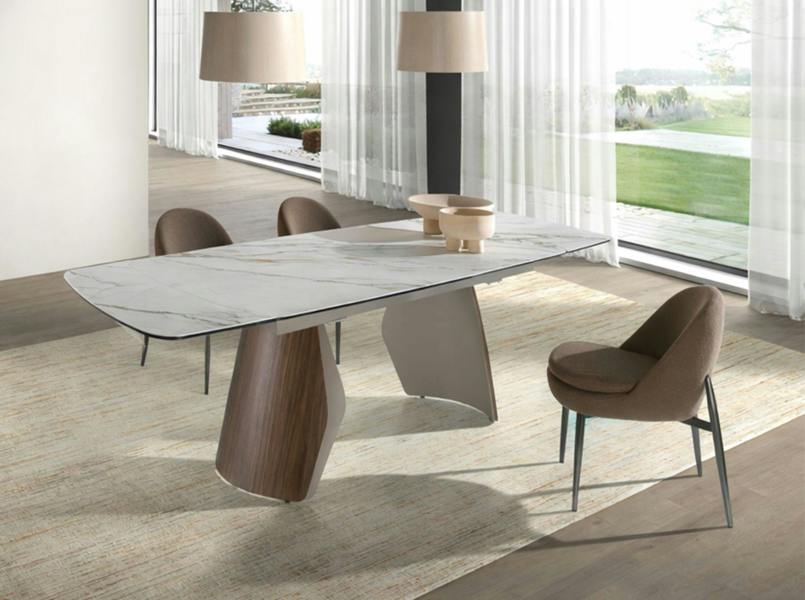 Angel Cerdá Oval barrel-shaped extendable dining table with porcelain marble top, metallic sand-coloured steel and walnut wood 1193