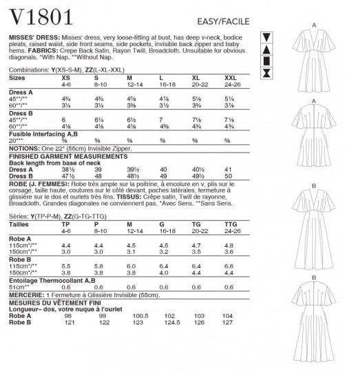 Vogue Sewing Pattern 1801, Dresses for Women, Y (XS-S-M) - Easy