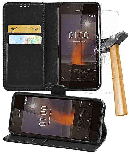 KAV Nokia 1 Case, Black Premium PU Leather Wallet Case Cover with Nokia 1 Shatter Proof Tempered Glass