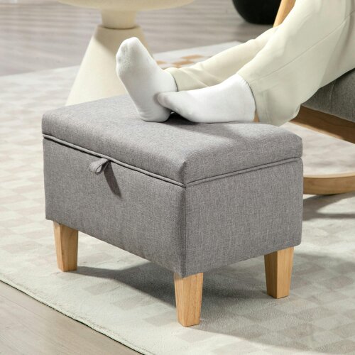 Wyld Haus Tonale Linen Light Grey Compact Storage Footstool With Natural Wooden Legs