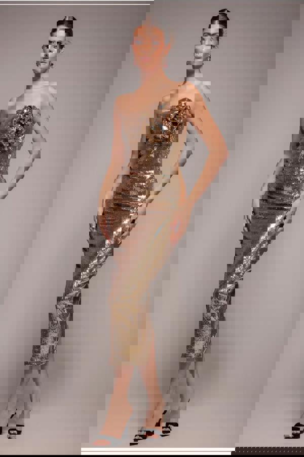 Liquid Sequin Boobtube Midaxi With Corsage - Gold DR4126