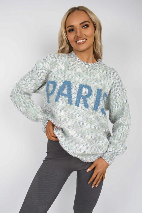 Jalina Long Sleeve Oversized Knitted Jumper With Paris Slogan - Grey