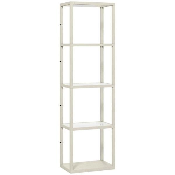 Four-shelf floor lamp in bleached oak with open rectangular shelving frame