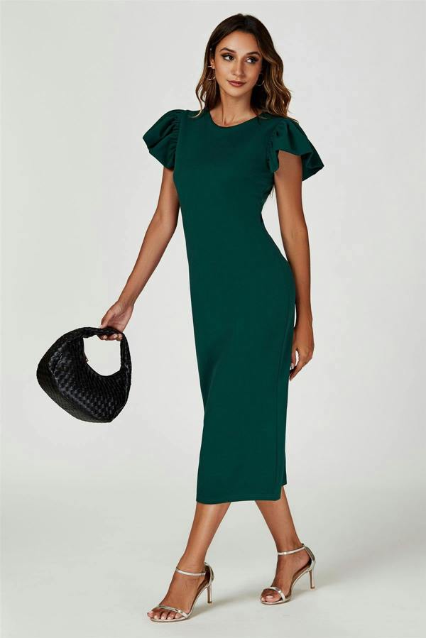 FS Collection Volume Sleeve Bodycon Midi Dress In Green