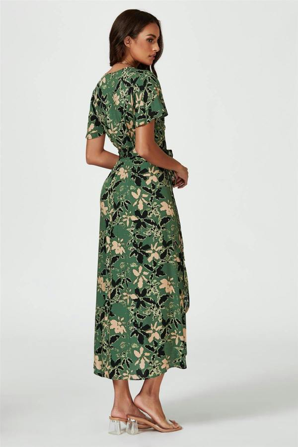 FS Collection Abstract Floral Wrap Maxi Dress In Olive