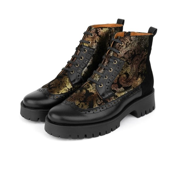 Embassy London Hatter Platform - Black & Floral - Women's Leather ankle Lace-up Boot with chunky cleated sole