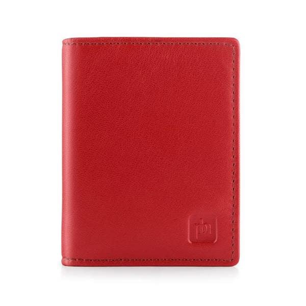 Red leather wallet with a brand logo on a white background