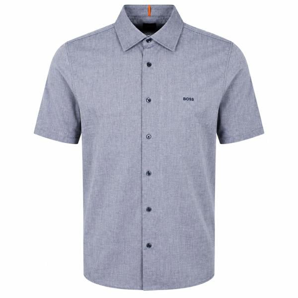 Navy blue BOSS short-sleeve button-down shirt in a textured fabric with a classic collar and embroidered logo.